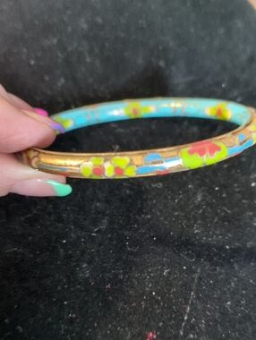 Vintage Gold And Blue Floral "Double" Cloisonné Bangle "Rare"